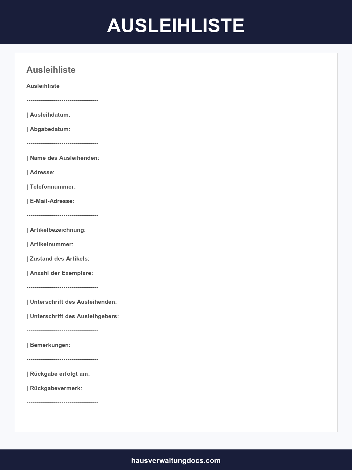 Ausleihliste Vorlage