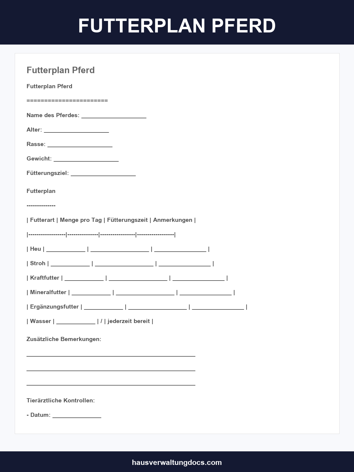 Futterplan Pferd Vorlage