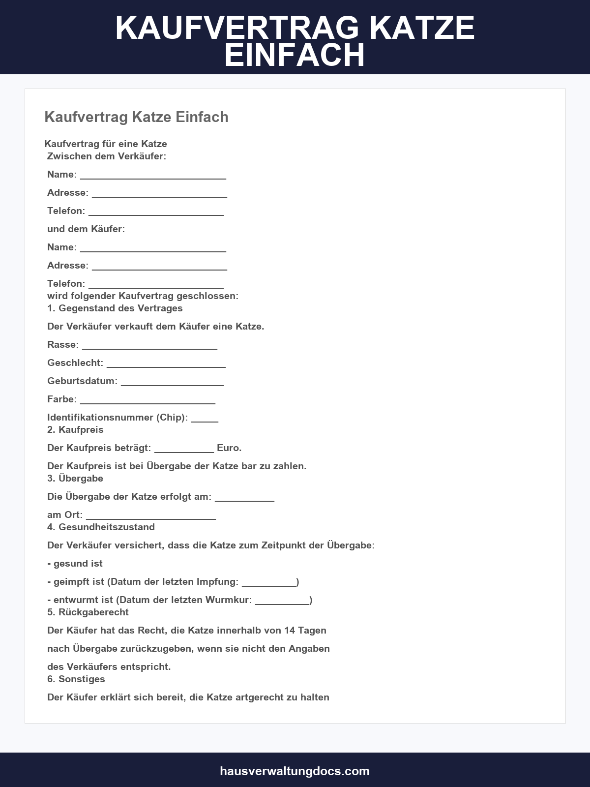 Kaufvertrag Katze Einfach