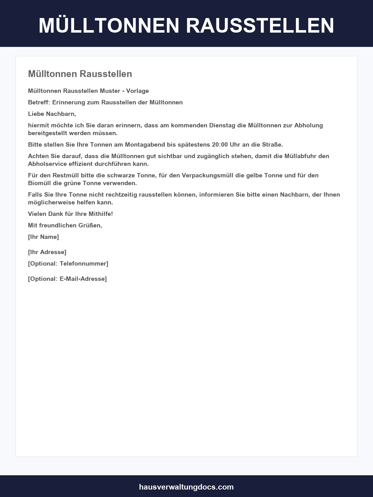 Musterschreiben Mülltonnen Rausstellen